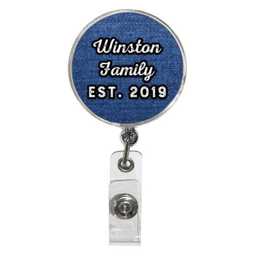 Personalized badge reel personalized with denim industrial pattern and the saying "Winston Family Est. 2019"
