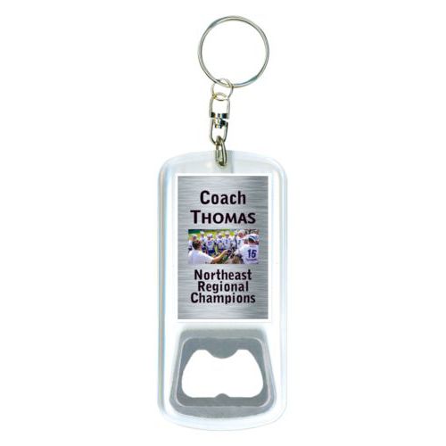 Personalized bottle opener personalized with steel industrial pattern and photo and the sayings "Coach Thomas" and "Northeast Regional Champions"