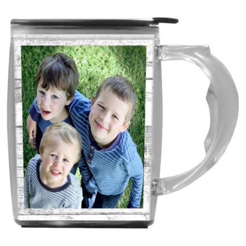 Custom mug with handle personalized with white rustic pattern and photo