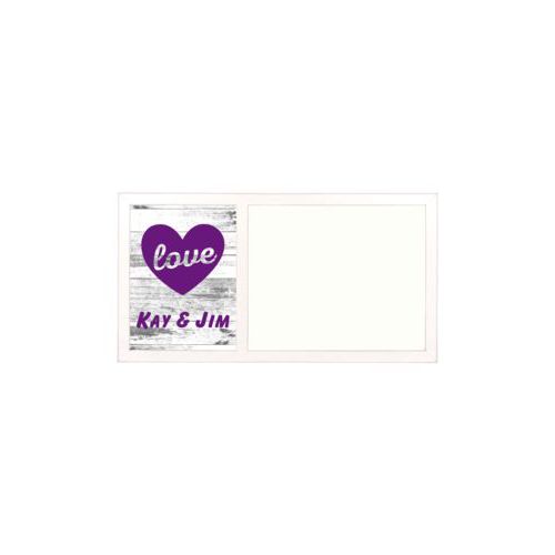 Personalized white board personalized with white rustic pattern and the sayings "love" and "Kay & Jim"