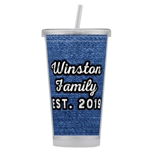 Personalized tumbler personalized with denim industrial pattern and the saying "Winston Family Est. 2019"