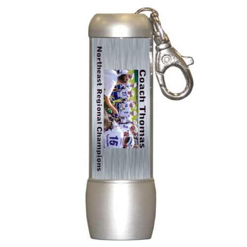 Personalized flashlight personalized with steel industrial pattern and photo and the sayings "Coach Thomas" and "Northeast Regional Champions"