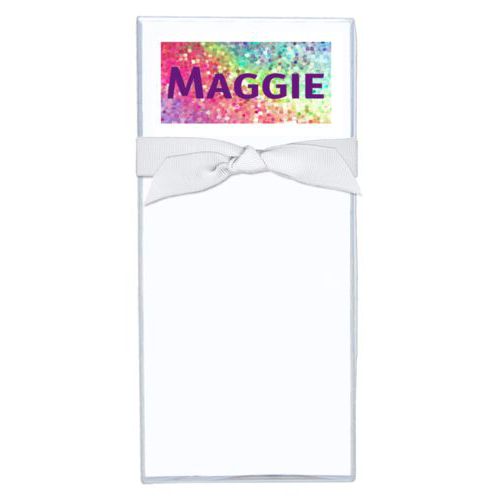 Personalized note sheets personalized with glitter pattern and the saying "Maggie"