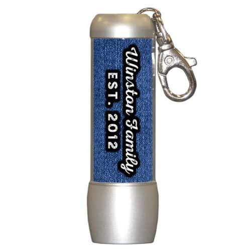 Personalized flashlight personalized with denim industrial pattern and the saying "Winston Family Est. 2012"