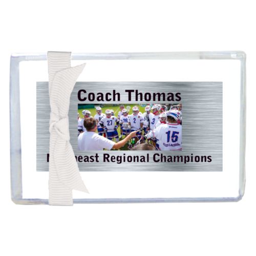 Personalized enclosure cards personalized with steel industrial pattern and photo and the sayings "Coach Thomas" and "Northeast Regional Champions"