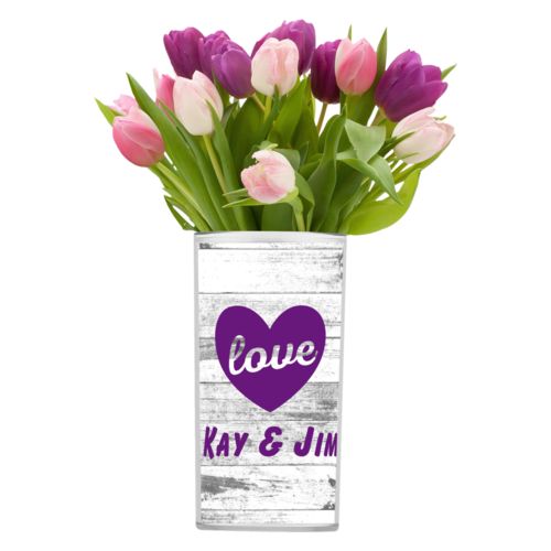 Personalized vase personalized with white rustic pattern and the sayings "love" and "Kay & Jim"