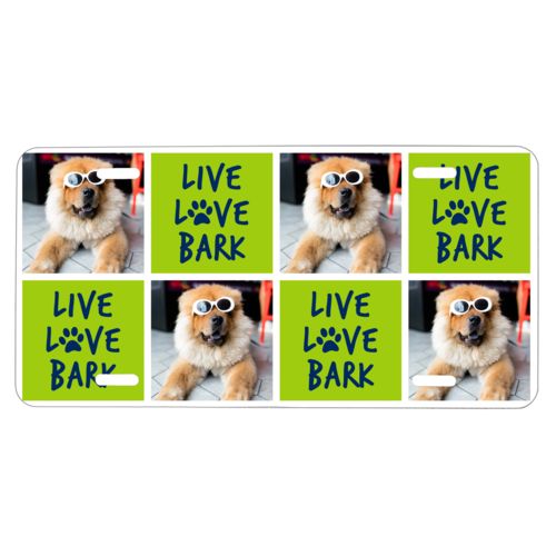 Custom license plate personalized with a photo and the saying "Live love bark" in navy blue and juicy green
