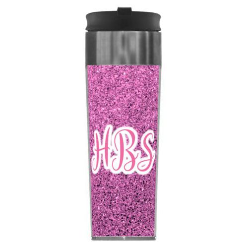 Personalized steel mug personalized with light pink glitter pattern and the saying "HBS"