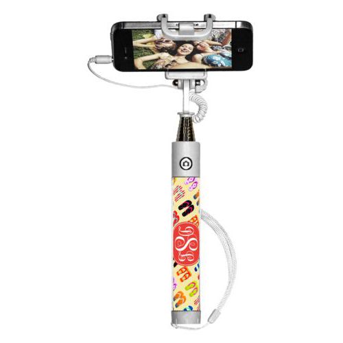 Personalized selfie stick personalized with flip flops pattern and monogram in red orange