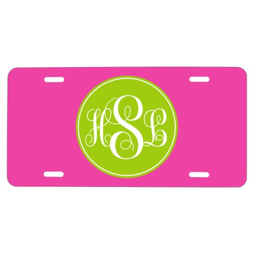 Custom license plate personalized with concaved pattern and monogram in juicy green and juicy pink