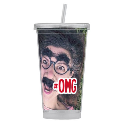 Personalized tumbler personalized with photo and the saying "#omg"