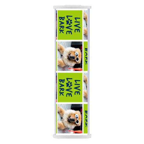 Personalized backup phone charger personalized with a photo and the saying "Live love bark" in navy blue and juicy green