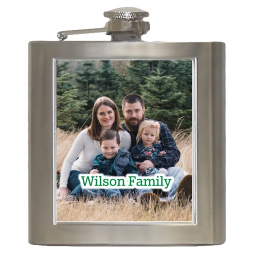 Personalized 6oz flask personalized with photo and the saying "Wilson Family"