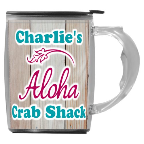 Custom mug with handle personalized with light wood pattern and the sayings "Aloha" and "Charlie's Crab Shack"