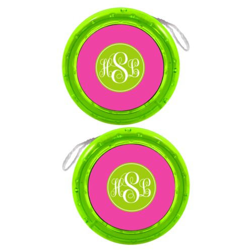 Personalized yoyo personalized with concaved pattern and monogram in juicy green and juicy pink