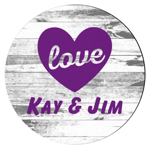 Personalized coaster personalized with white rustic pattern and the sayings "love" and "Kay & Jim"