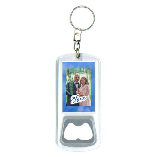 Personalized bottle opener personalized with blue cloud pattern and photo and the saying "love"