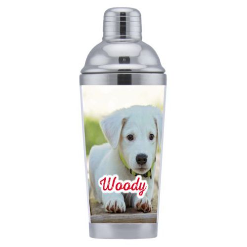 Coctail shaker personalized with photo and the saying "Woody"