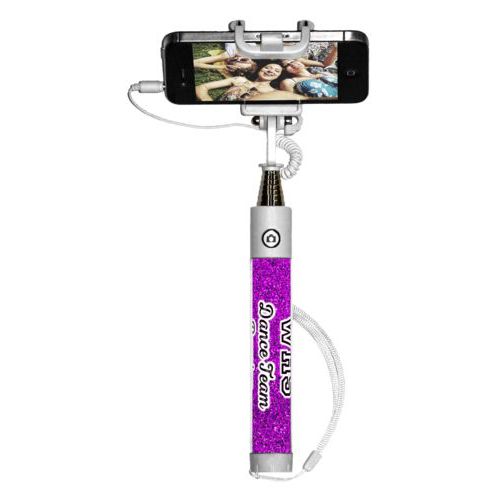 Personalized selfie stick personalized with fuchsia glitter pattern and the saying "WHS Dance Team Reunion"