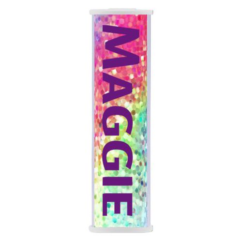 Personalized backup phone charger personalized with glitter pattern and the saying "Maggie"