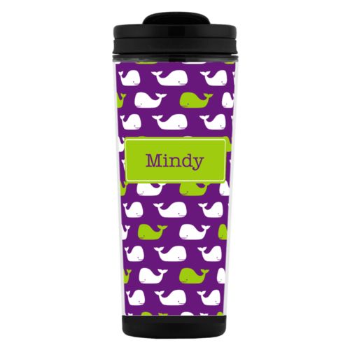 Custom tall coffee mug personalized with whales pattern and name in orchid and juicy green