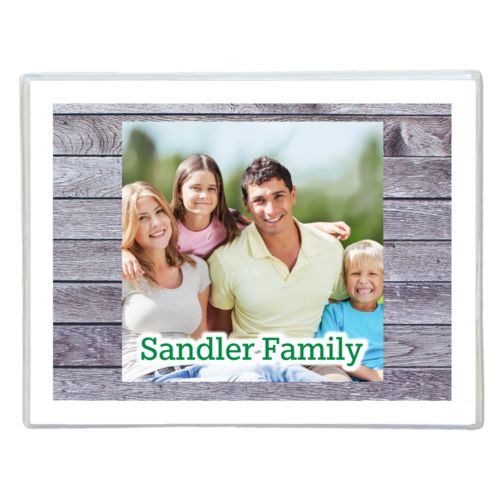 Personalized note cards personalized with grey wood pattern and photo and the saying "Sandler Family"