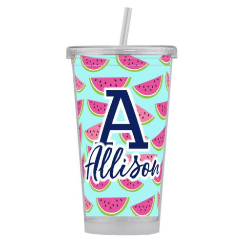 Personalized tumbler personalized with fruit watermelon pattern and the sayings "A" and "Allison"