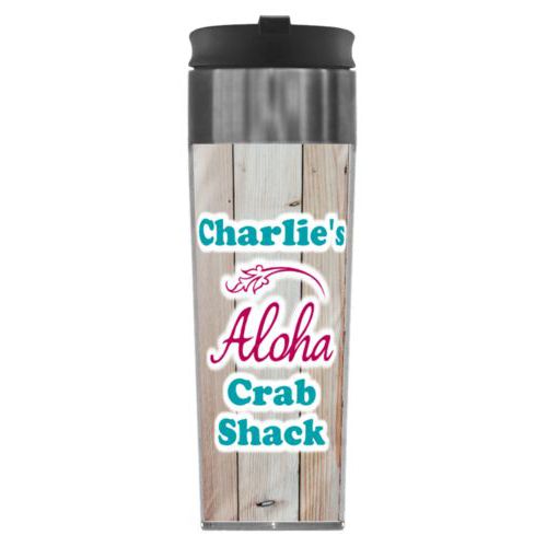 Personalized steel mug personalized with light wood pattern and the sayings "Aloha" and "Charlie's Crab Shack"