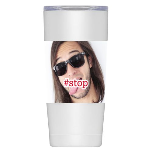 Personalized insulated steel mug personalized with photo and the saying "#stop"