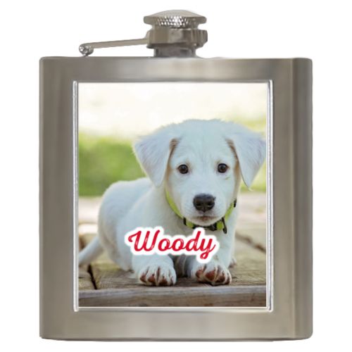 Personalized 6oz flask personalized with photo and the saying "Woody"