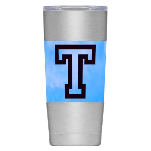 Personalized insulated steel mug personalized with light blue cloud pattern and the saying "T"