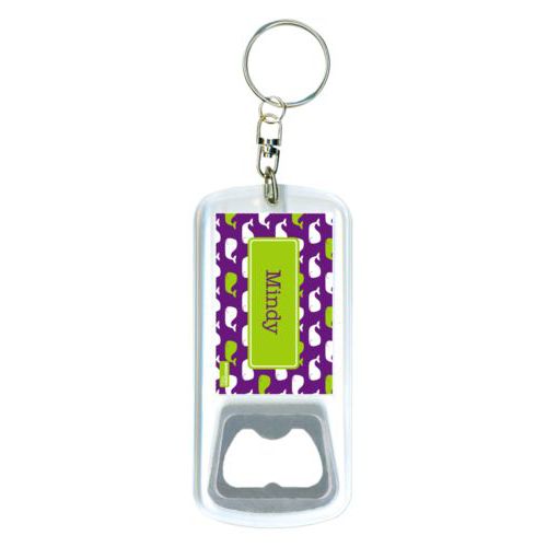 Personalized bottle opener personalized with whales pattern and name in orchid and juicy green