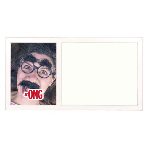 Personalized white board personalized with photo and the saying "#omg"