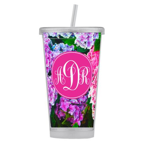 Personalized tumbler personalized with hydrangea pattern and monogram in pink