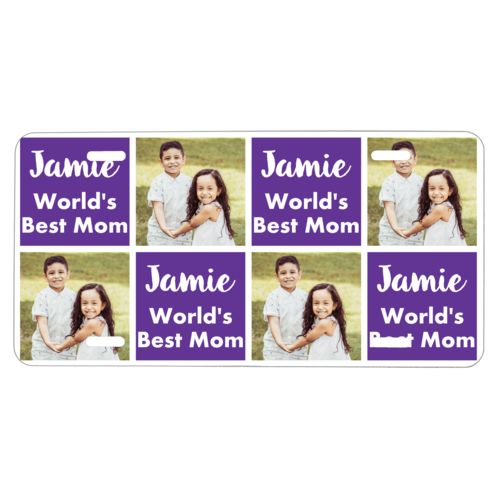 Custom car plate personalized with a photo and the saying "Jamie World's Best Mom" in purple and white