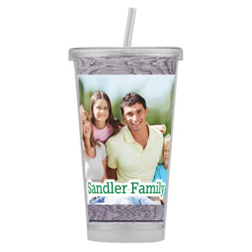Personalized tumbler personalized with grey wood pattern and photo and the saying "Sandler Family"
