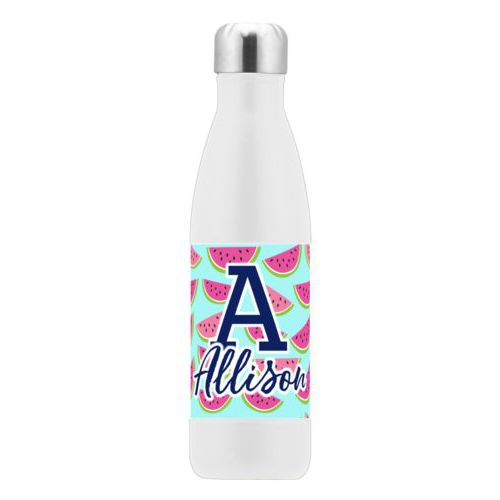 Metal bottle personalized with fruit watermelon pattern and the sayings "A" and "Allison"