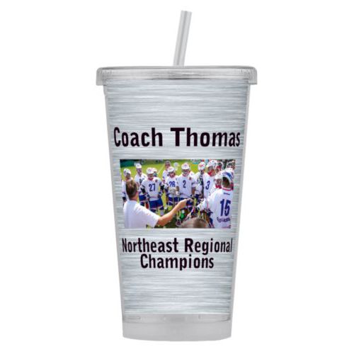 Personalized tumbler personalized with steel industrial pattern and photo and the sayings "Coach Thomas" and "Northeast Regional Champions"
