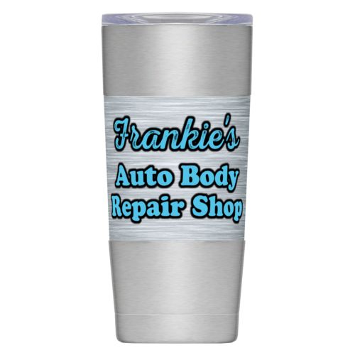 Personalized insulated steel mug personalized with steel industrial pattern and the saying "Frankie's Auto Body Repair Shop"