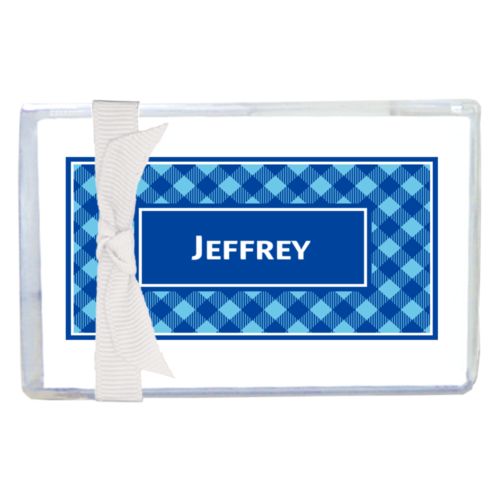 Personalized enclosure cards personalized with check pattern and name in ultramarine