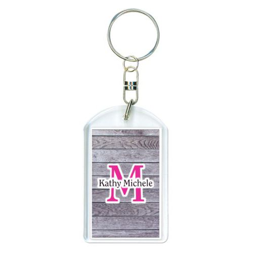 Personalized plastic keychain personalized with grey wood pattern and the sayings "M" and "Kathy Michele"