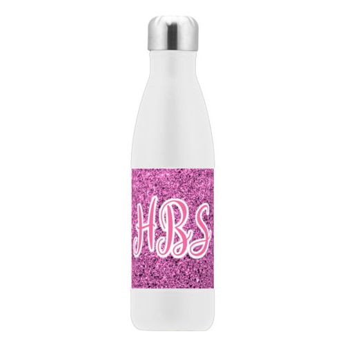 Personalized stainless steel water bottle personalized with light pink glitter pattern and the saying "HBS"