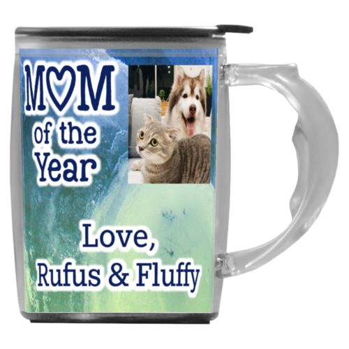 Custom mug with handle personalized with ombre quartz pattern and photo and the sayings "Mom of the Year" and "Love, Rufus & Fluffy"
