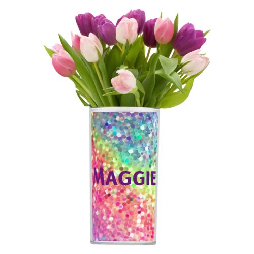 Personalized vase personalized with glitter pattern and the saying "Maggie"