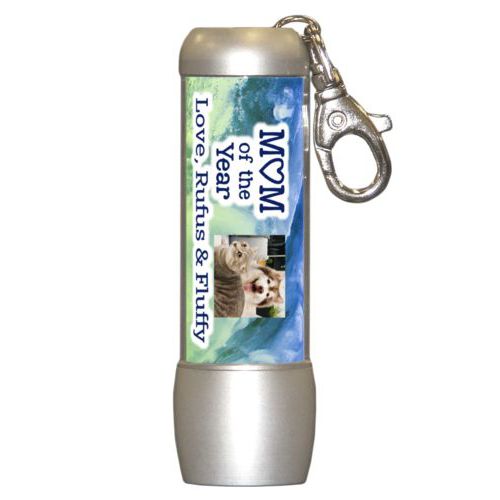 Personalized flashlight personalized with ombre quartz pattern and photo and the sayings "Mom of the Year" and "Love, Rufus & Fluffy"