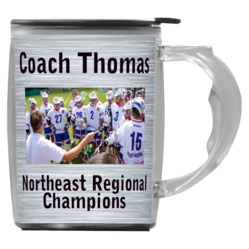 Custom mug with handle personalized with steel industrial pattern and photo and the sayings "Coach Thomas" and "Northeast Regional Champions"