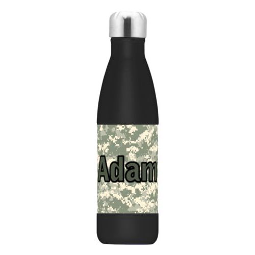 Custom insulated water bottle personalized with army camo pattern and the saying "Adam"