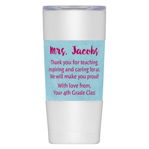 Personalized insulated steel mug personalized with teal chalk pattern and the saying "Mrs. Jacobs Thank you for teaching, inspiring and caring for us. We will make you proud! With love from, Your 4th Grade Class"