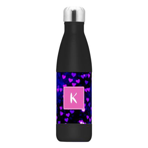 Vacuum sealed water bottle personalized with dream hearts pattern and initial in pink