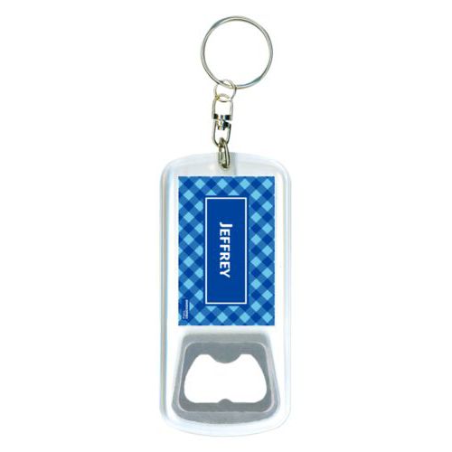 Personalized bottle opener personalized with check pattern and name in ultramarine
